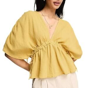 ASOS Design Plunge Front Crinkle Top with Side Tie in Ochre, Size 6​​​